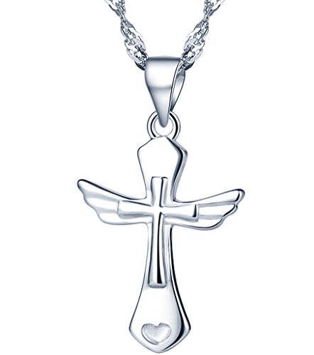 Yumilok 925 Sterling Silber Einzigartig Kreuz Engelsflügel Herz Anhänger Halskette Kette mit Anhänger für Damen Mädchen
