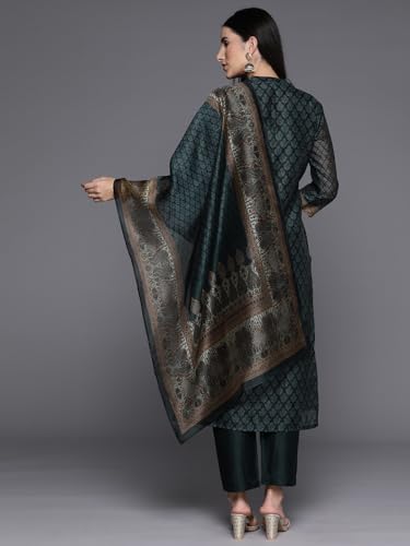 Image of Varanga Women Printed Straight Kurta Set with Dupatta | Chanderi | Round Neck | 3 /4 Sleeve | Calf Length |Casual & Effortlessly Chic Wear