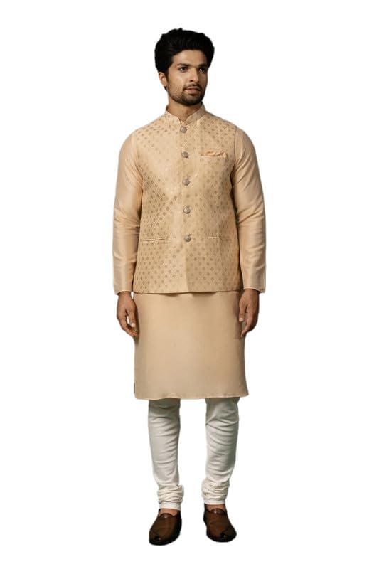 Image of KISAH Men Printed Kurta Jacket Set, Full Sleaves, Knee Length, Straight, Regular Fit, Mandarin Collar Ethnic Wear