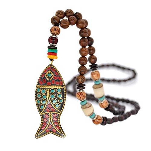 Yowablo Halskette Anhänger Nepal Buddhist Mala Perle Ethnischer Horn Fisch Langer Schmuck (C)