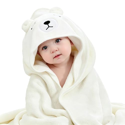 Hooded Baby Towel Baby Bath Towels with Hood Unique Animal Design Baby Towel with Hood Soft Absorbent Baby Bath Towels for Newborn Baby Boy and Girl (White)