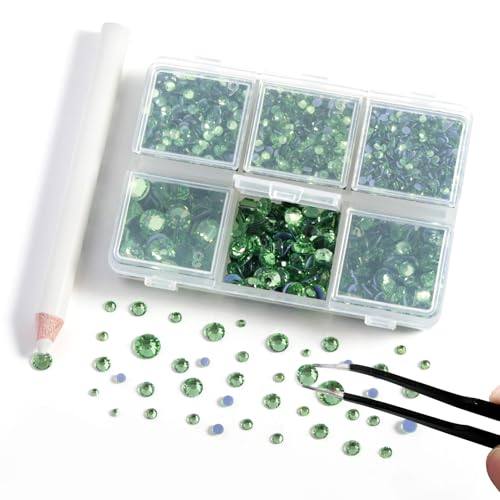 Image of BEADSLAND Hotfix Rhinestones, 4000 PCS Light Green Rhinestones for Clothes Crafts Mixed 6 Sizes with Wax Pencil and Tweezers Kit, SS6-SS30, Peridot
