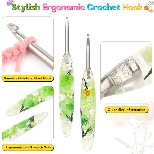 Image of Katech 5.5mm Crochet Hook for Arthritic Hands,Hand-Polished Stainless Steel | Ergonomic Crochet Hooks with Customized Sparkle Dried Floral Grip, Smooth Tapered Hook-Crochet Gift for Beginner & Crocheter