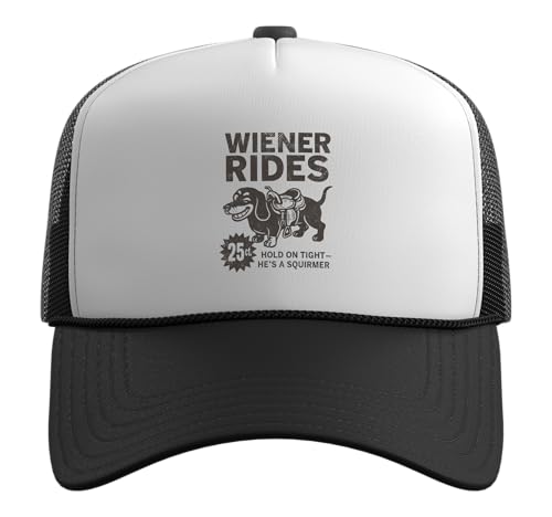 Adult Humor Dachshund Newspaper Ad, Wiener Rides 25 Cents Trucker Hat with Adjustable Mesh Back, Black/White