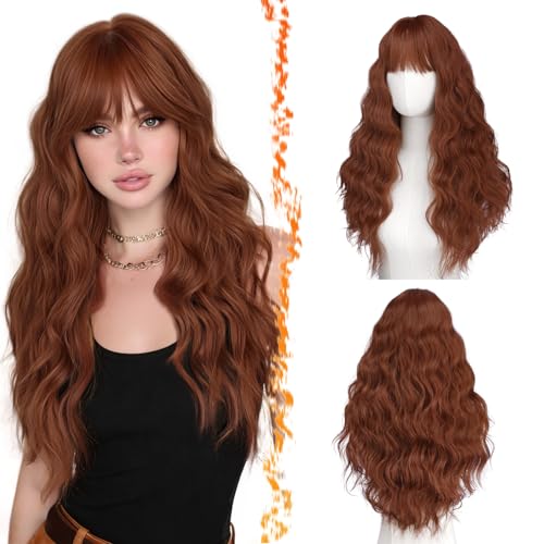 BARSDAR Natural Red Long Wavy Wig With Bangs - Long Wavy Auburn Wig with Bangs for Women - 26 Inch Thick Soft Synthetic Natural Looking Easy Wear Daily Cosplay Party Halloween Redhead Auburn Wigs