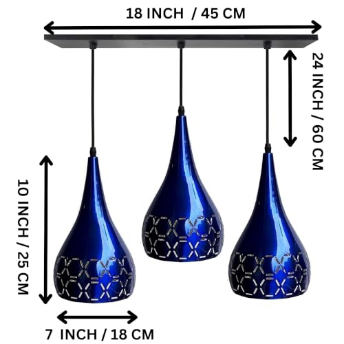 Image of GreyWings 3 Light Hanging Light for Home | Blue Aluminium Pendant Light with E27 Holder | Designer Ceiling Hanging Lamp for Bulb Not Included, Linear Set