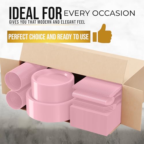 Image of Exquisite 350 Pcs Pink Plates and Napkins Party Supplies Plate Sets | Sturdy Plastic Dinnerware Set With 9 inch & 7 inch Plates, 12 Oz Cups, Lunch Napkins and Cutlery Serves 50 for Birthdays & Everyday