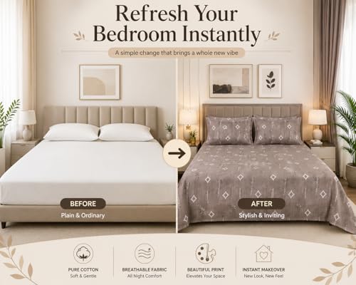Image of 100% Pure Cotton King Size Bedsheet with 3 Pillow Covers | Family Size 90 x 100 Inches | Soft & Breathable Cotton Bedsheet fits Double Bed, Queen Bed, King Bed | Dark Beige Geometric Print