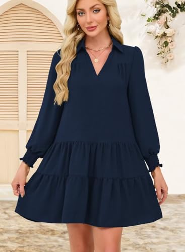 Wkior Casual Dresses for Women Long Sleeve Fall Lapel Collared V Neck Pleated Midi Dress 20253