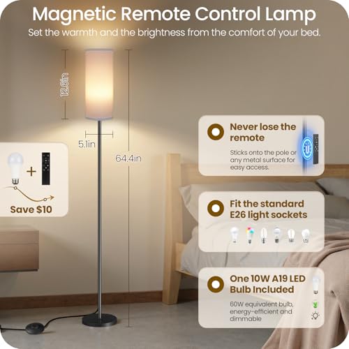 Image of Set of 2 Dimmable Floor Lamps for Living Room with 2 Remotes and Foot Switch, 64.4 inchModern Standing Tall Lamp, Corner Lamp for Bedroom, Bulb Included, 3000K-6500K, White Shade CW06LDP205W1