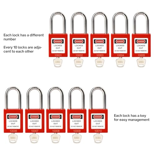 Image of Lockout Tagout Locks with Brass Core, Keyed Different, 10 Red Loto Locks, OSHA Compliant Safety Padlocks for Electrical Lock Out Tag Out Kits,G01