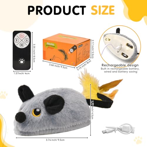 DAOUZL Elektrische Spielmaus für Katzen, Fernbedienung Maus Katzenspielzeug, Interaktives Katzenspielzeug mit LED-Licht Realistischen Geräuschen USB-Aufladung, Katzen (Grau)
