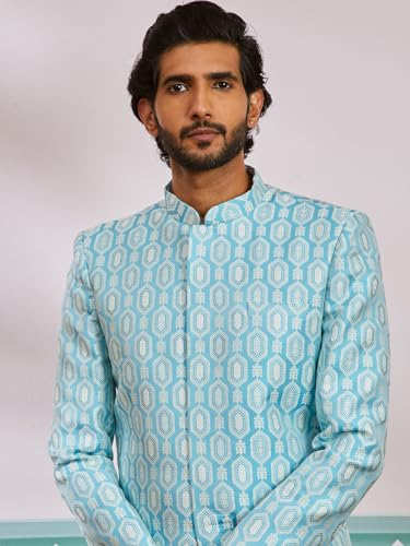 Image of VASTRAMAY Men's Blue Silk Blend Regular Fit Sherwani Only Top VASMIW252BU 44