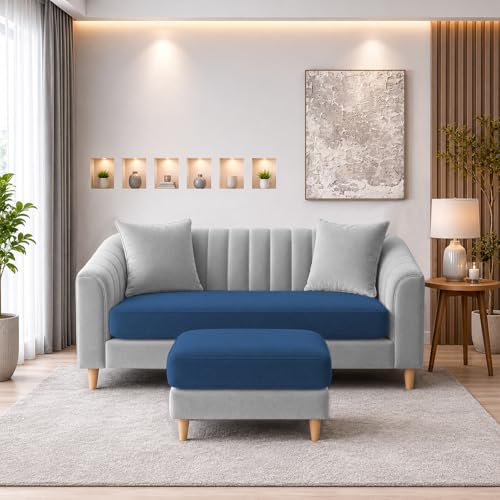 Image of Doraldo 2 Seater Sofa Set with Ottoman for Living Room (Blue Grey) Premium Fabric Sofa