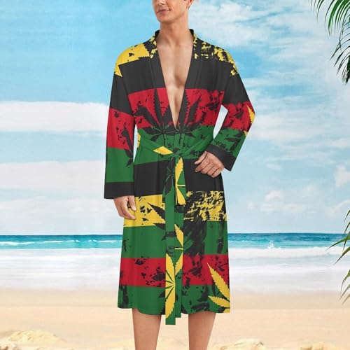 Vintage Rasta Flag Weed Men's Robes Long Sleeve V Neck Bath Robe Printed Bathrobes Cozy Soft Sleepwear2