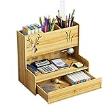 [Almacenamiento de varios niveles]: la caja de almacenamiento del organizador de escritorio contiene 3 capas de portalápices y 1 compartimento de fondo plano y 1 cajón deslizante. Diga adiós a los escritorios desordenados, una organizadores de escritorio ordenada proporcionará suficiente espacio para almacenar varios artículos. Ideal para guardar todos los artículos de oficina.