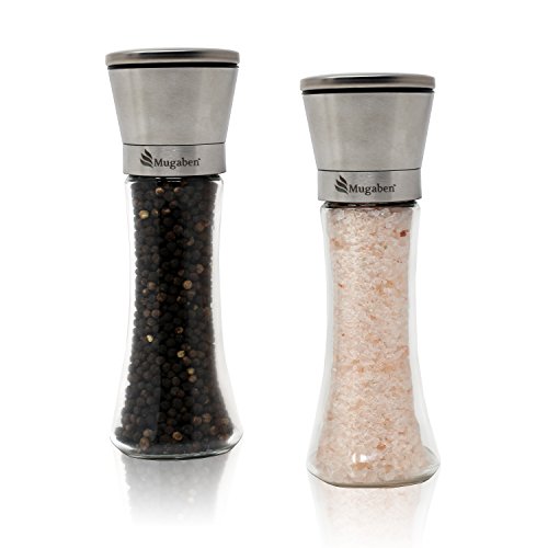 Set of 2 Modern Salt and Pepper Grinder Set (6-oz Capacity) – Made of Stylish, Brushed Stainless Steel – 5-Grade Adjustable Ceramic Grinder Rotors from Fine, Medium to Coarse – by Mugaben