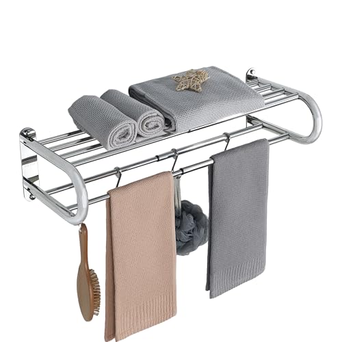 Mooche Porte Serviette Salle de Bain Double Étagère avec 4 Crochets, Rétractable Barres Porte-Serviettes Mural, Extensible 40-69CM, Large Éventail d'Applications, Seche Serviette Mural Pratique