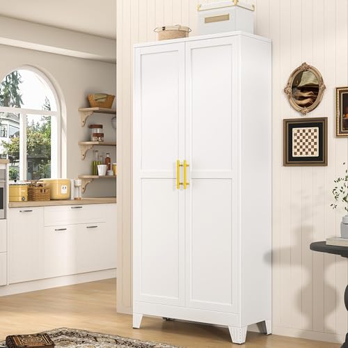 PAOFIN 71' Tall Metal Pantry Storage Cabinet with Doors and 4 Adjustable Shelves, White Kitchen Food Pantry Cabinets, Tall Freestanding Cupboard for Kitchen, Dining Room or Living Room