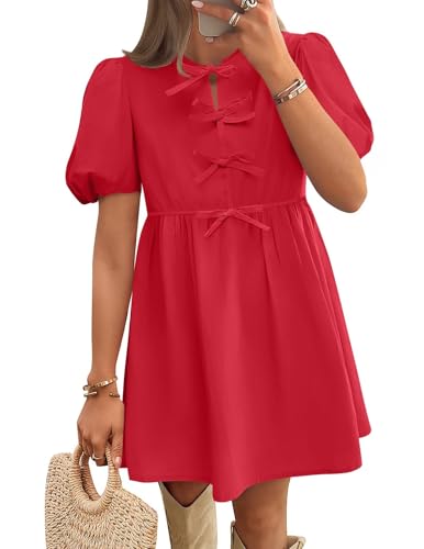 Image of ZESICA Women's Summer Short Sleeve Tie Front Mini Dress Babydoll Ruffle Pleated A Line Vacation Graduation Short Dresses
