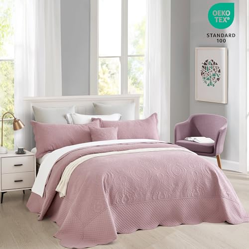 Image of HZ & HY Oversized King Bedspread, Embossed Damask Quilt Set King /Cal King, Lightweight Reversible Coverlet, Scalloped Edge - Soft Romantic Look, 5 Piece, Mauve Shadows