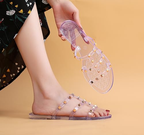 Image of Women Flats Sandals, Studded Jelly Shoes Size 9 Red Dressy Summer Beach Rivets Strappy Jellies Slide Slip On Open Toes
