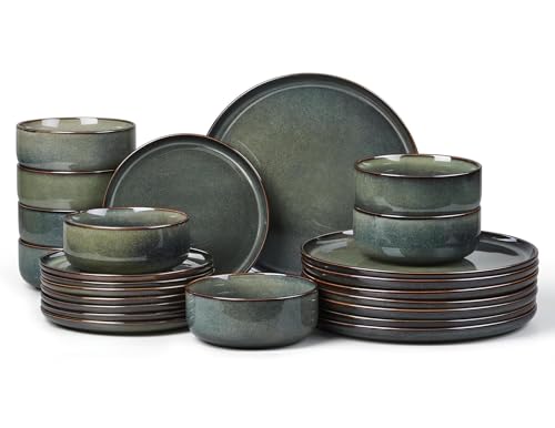 E-far Dinnerware Sets for 8, 24-Piece Stoneware Plates and Bowls Set, Ceramic Dishes Reactive Glaze Dinning Ware, Microwave & Dishwasher Safe - Obsidian Green