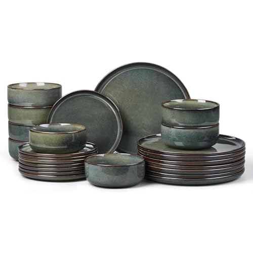 E-far Dinnerware Sets for 8, 24-Piece Stoneware Plates and Bowls Set, Ceramic Dishes Reactive Glaze Dinning Ware, Microwave & Dishwasher Safe - Obsidian Green