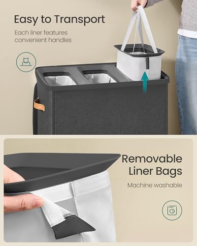 Image of SONGMICS Laundry Basket, 50.2 Gal. Laundry Hamper, 3 Compartments, Easy Assembly, with Lid and Handles, Removable Liners, 25.2 x 15.7 x 29.5 Inches, Ink Black ULCB814BH01