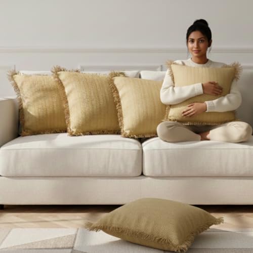 Image of Beige Cushion Covers - 16x16 Inch | Set of 2 | Hand-Woven Fringed Cotton Decorative Covers for Sofa, Living Room & Bedroom Decor | Square Shape Cushion Cases