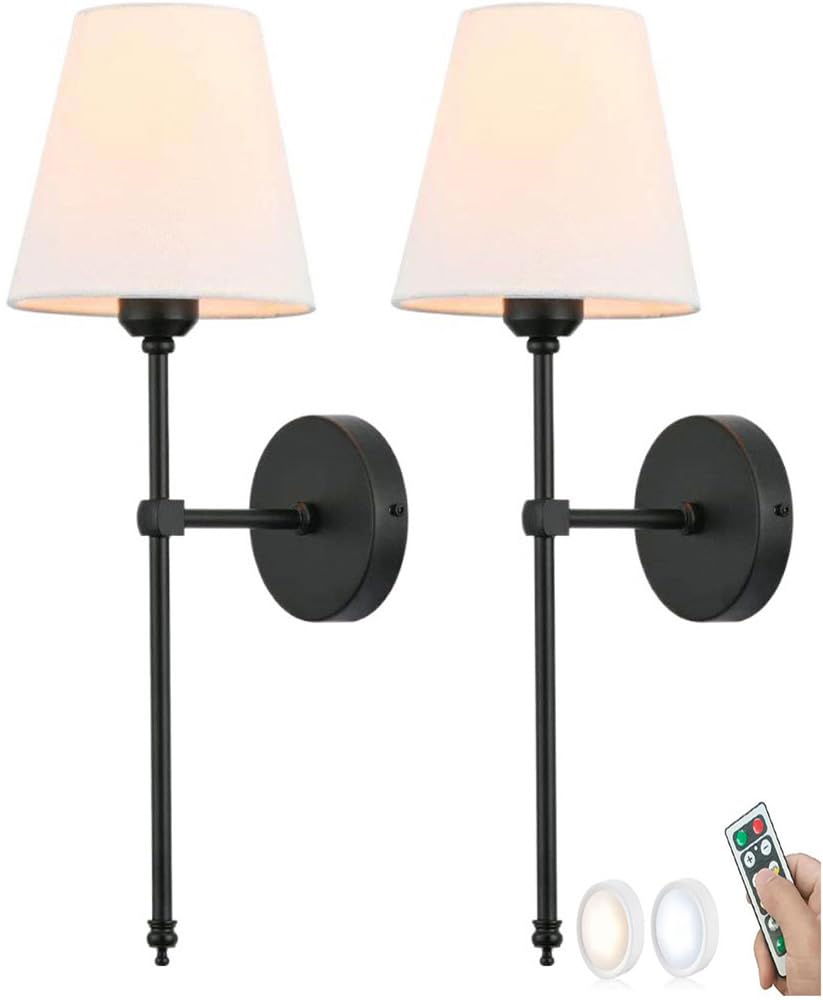 2 PCS Farmhouse Battery Operated Wall Sconces Set of Two Black Remote Wireless Wall Light Vintage Long Arm White Fabric Candle Gold Wall Mounted Lamp for Bedroom Bedside Living Room