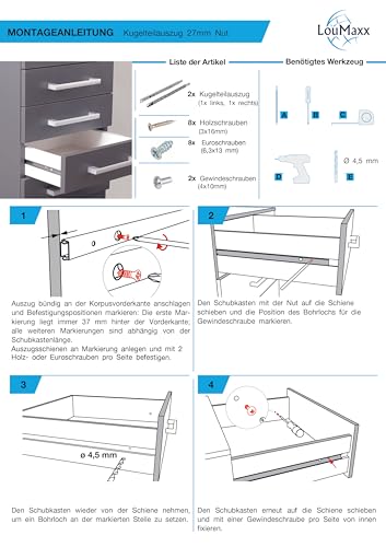 LouMaxx Kugelauszug 4er Set Schubladenschienen 27 mm Nut | 300 mm Schienen Schublade | Schubladen Schienensystem mit Teilauszug für 27mm Nut