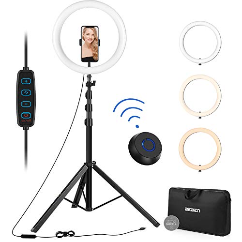 12  LED Selfie Ring Light with Tripod Stand and Phone Holder for iPhone Android, Circle Camera Halo Ringlight for Video Recording Makeup Live Stream, Color Range 3000K-6500K, 162Bulbs, 21 -66  Height