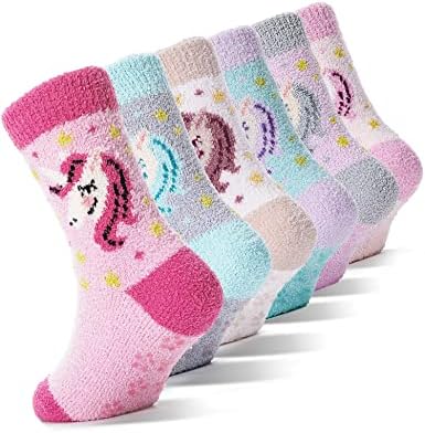 Girls Kids Toddler Fuzzy Socks with Grips Non Slip Slipper Socks Gift Crew Cabin Cozy Fluffy Hospital Warm Winter Comfy Gripper Sherpa Fleece Socks for Boys Child Christmas Stocking Stuffers 6 Pairs（Unicorn，4-7 Y）
