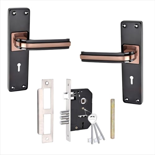Image of Milton Iron Mortise Lock Set with Rose Gold Copper Handle, Black Plate, 200mm x 50mm, 125mm Handle Length, Complete with Keys and Hardware - MHI-09