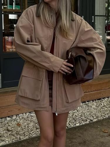 Women's Barn Jacket Faux Suede Leather Jackets Oversized Casual Adjustable Waist Coat with Pockets 7