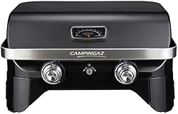 Campingaz Attitude 2100 LX griglia a gas, griglia da tavolo portatile, 2 bruciatori in acciaio, potenza di 5 kW, griglia a gas per campeggio con coperchio, termometro, griglia e plancha in ghisa