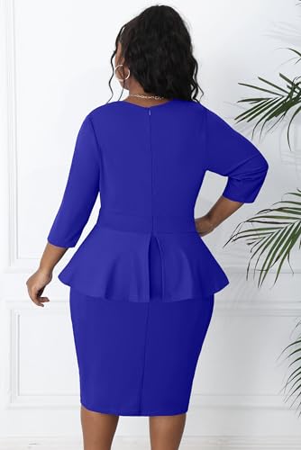 Image of Runwind Plus Size Dresses for Curvy Women, Work Church Professional Office Vintage Peplum Pencil Dress V Neck 3 /4 Sleeve