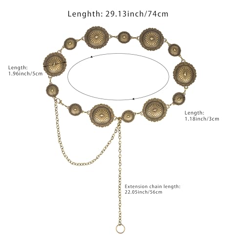 Metal-Concho-Chain-Belt for Women Vintage Western-Cowgirl-Belt Golden Boho-Waist-Link for Dress Sweater2