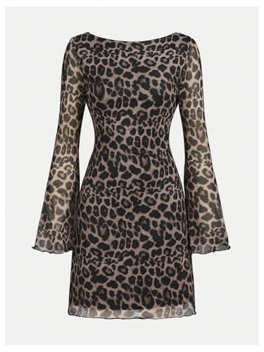 Floerns Girl's Leopard Print Flare Long Sleeve Short Dress Cheetah Mesh Backless Y2k Dresses2