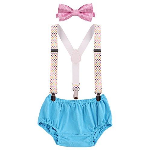 First Birthday Cake Smash Photo Props Baby Boy Y-Back Clip Suspender Bottoms Bowtie Set Blue & Colorful Dots