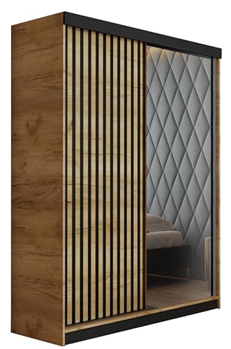 KIER FURNITURE Schränke für Stauraum - Malani 138 - Kleiderschrank - Schiebetürenschrank - Eleganter Kleiderschrank Schrank Garderobe - Eiche Craft Golden & Weiß 138x205x59 cm
