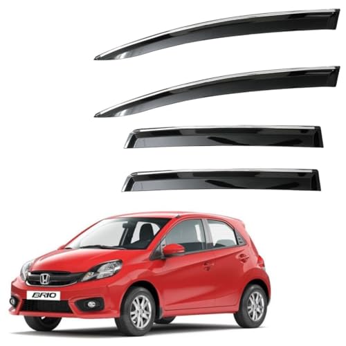Image of CAR SAAZ Unbreakable Chrome Smoke Door Visor for Brio (2011-2019)| Premium Sun, Rain Wind Deflector Chrome Strip Side Door Rain Visor - Set of 4 Pcs
