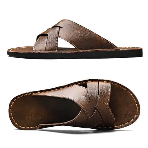 Men's Genuine Leather Braided Flat Slide Sandals Open Toe Lightweight Anti-Slip Slip On Softsole Summer Beach Sandals Indoor Outdoor Casual Slippers2