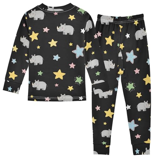 Pajama Sets Long Sleeve Rhinoceros Among Colorful Stars Pattern Soft Comfy Sleepwear 2 Piece PJS 3-8T3