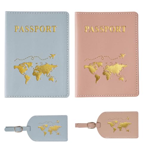 Juego de 2 porta pasaportes y 2 etiquetas para equipaje, funda para pasaporte de viaje, protector con bloqueador RFID, tarjetas de embarque, tarjetas de crédito para hombre y mujer (azul, rosa)