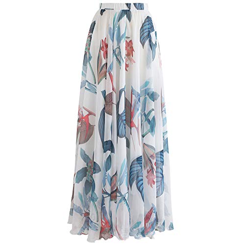 Chicwish Women's Tropical Floral Watercolor White Flower Maxi Floral Chiffon Slip Skirt