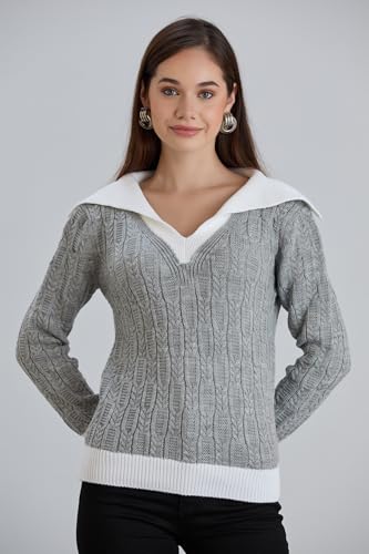 Image of Sweaters for Women Fashion Long Sleeve Lapel Collar V Neck Casual Knit Color Block Pullover Sweater