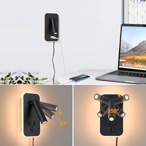 Image of Bed Reading Light, Wall Mounted Reading Fixture with USB C+A Ports, Adjustable Headboard Sconces, Plug-in or Hardwired Bedside Lamp, Modern Black 10W+3W 3000K Warm Ambient lighting for Bedroom