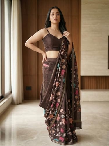 Image of SAMANTHA Black Floral Print Ready to Wear Linen Saree with Pocket & Adjustable Belt